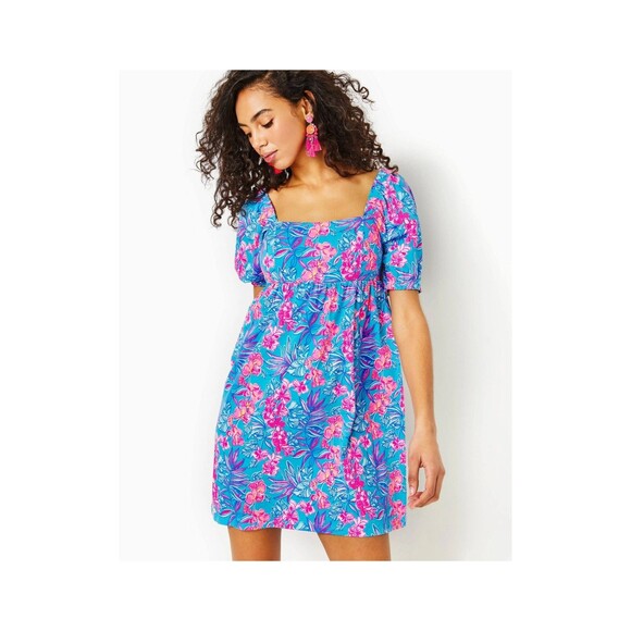 Lilly Pulitzer Delaney Short Sleeve Mini Dress Cumulus Blue Printed S-6 279602 - Picture 3 of 15